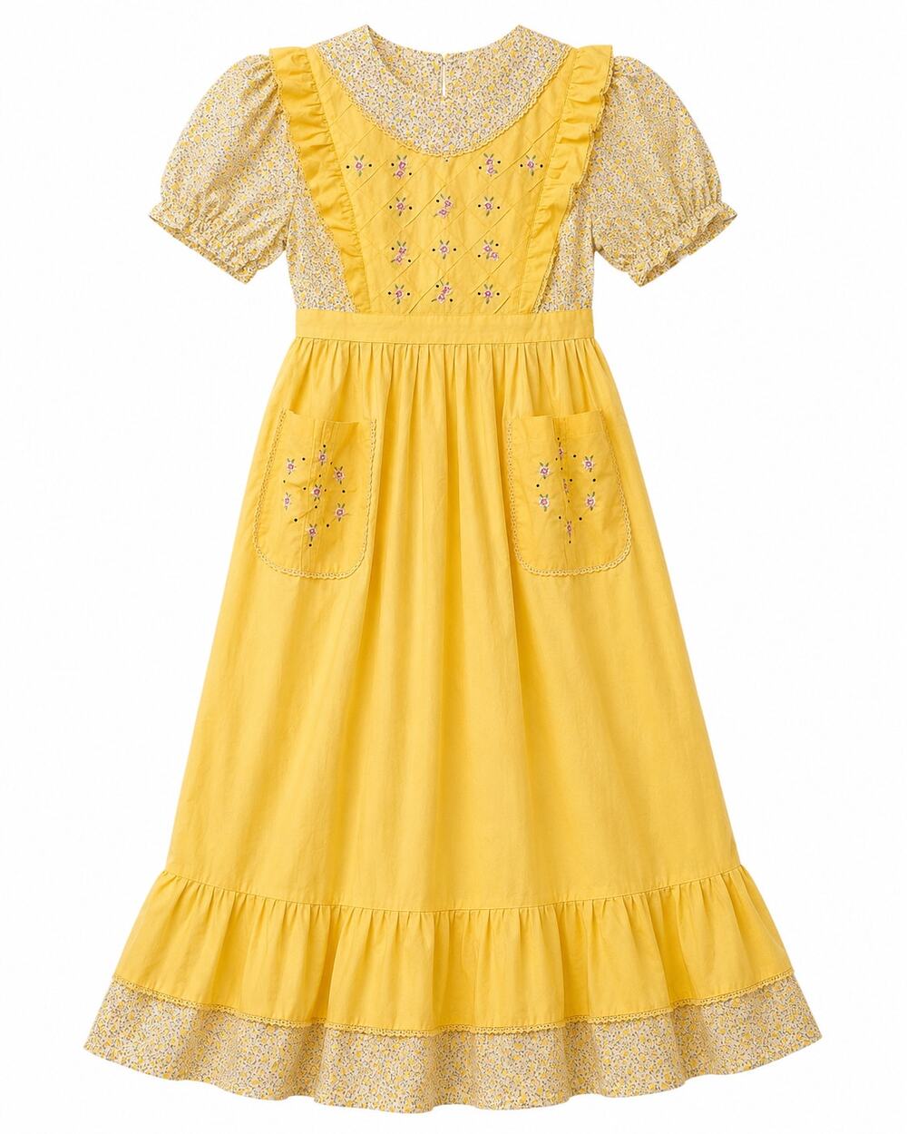 Vintage 1980s Korean Prairie Dress Yellow Floral Embroidered SIZE 12